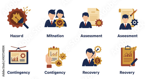 Business risk management process icons demonstrating hazard mitigation assessment contingency recovery and planning for success in corporate strategy