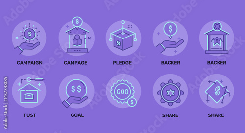 Campaign funding icons showing money and donation pledges for investment goals on light purple backdrop perfect for crowdfunding projects and business ventures