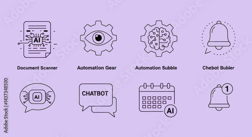 Collection of AI icons representing automation, document scanning, chatbot, and notification system for modern technology and business solutions