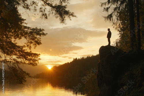 Person on a rock overlooking lake at sunrise photo