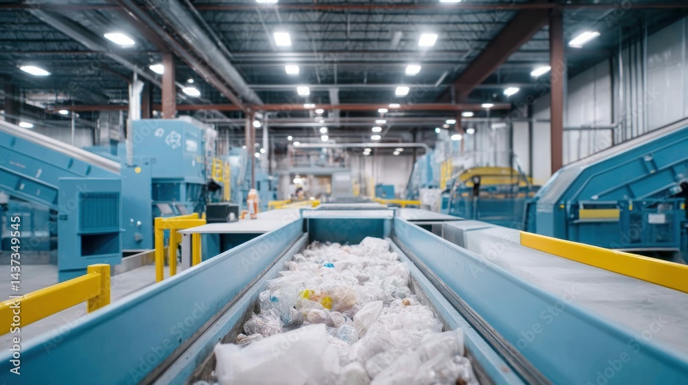 Fototapeta premium A recycling facility's conveyor belt transports plastic waste for efficient processing and reuse in the industry.