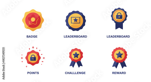 Diverse set of badge and reward icons depicting leaderboard challenge and points for gamification and achievements