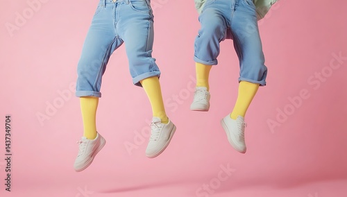 Colorful Fashion Concept with Yellow Socks and White Sneakers on Pink Background