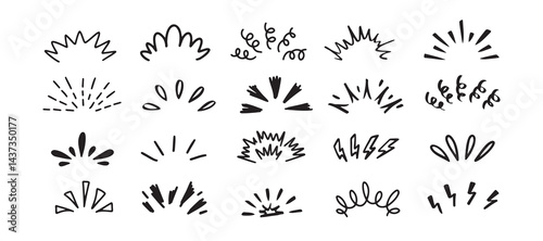 Pop shine line Doodle set. Sunburst drawing hand drawn elements