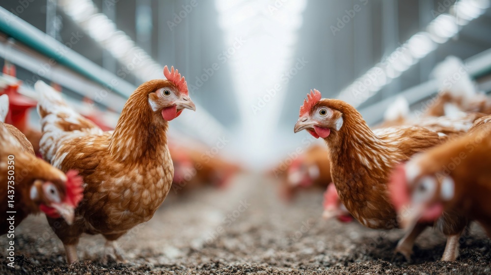Fototapeta premium Numerous chickens gathered in a modern henhouse, presenting a scene of poultry farming.