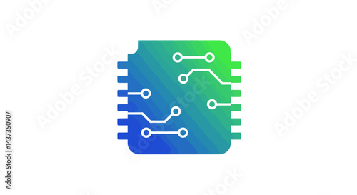 Gradient blue and green computer chip icon with circuit lines on a white background symbolizes technology and innovation in modern electronic designs