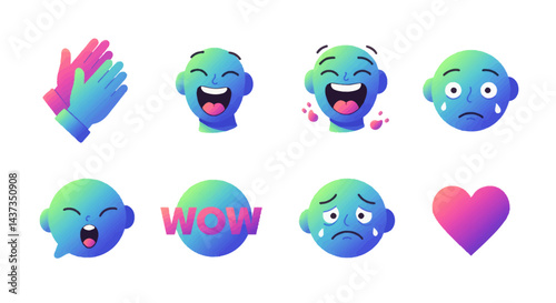 Gradient emoji faces expressing diverse emotions and reactions in a modern vector design ideal for digital communication and social media content