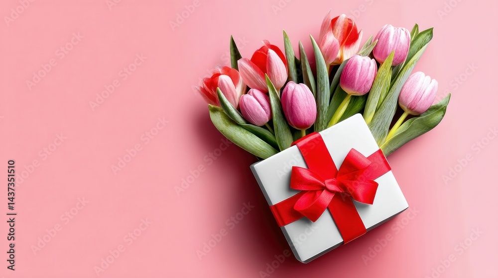 Fototapeta premium A stunning bouquet of tulips bursts from a gift box tied with a lovely red ribbon, pink background.