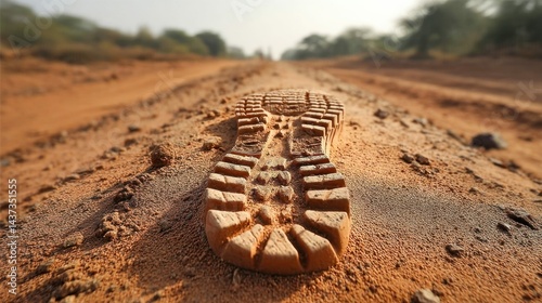 A single boot print on a sandy path, leading towards a blurred horizon on a sunny day.