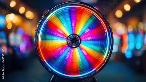 A brightly lit, multi-colored wheel of fortune spins in a casino with blurred motion and a neon glow.