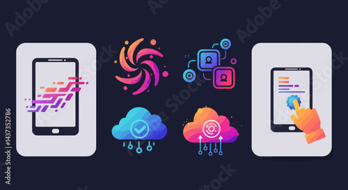 Modern technology concept featuring smartphones, cloud computing and data transfer icons for digital solutions and innovation