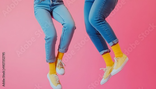 Colorful Fashion Concept with Yellow Socks and White Sneakers on Pink Background
