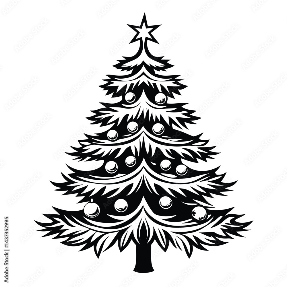 Obraz premium Ornate Monochrome Christmas Tree Silhouette with Star Topper and Bauble Decorations