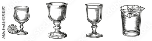 Vintage Hand-Drawn Glassware Set for Drink Illustrations, Logo Design, Hand drawing Engraving, Vector Illustration Isolated Object