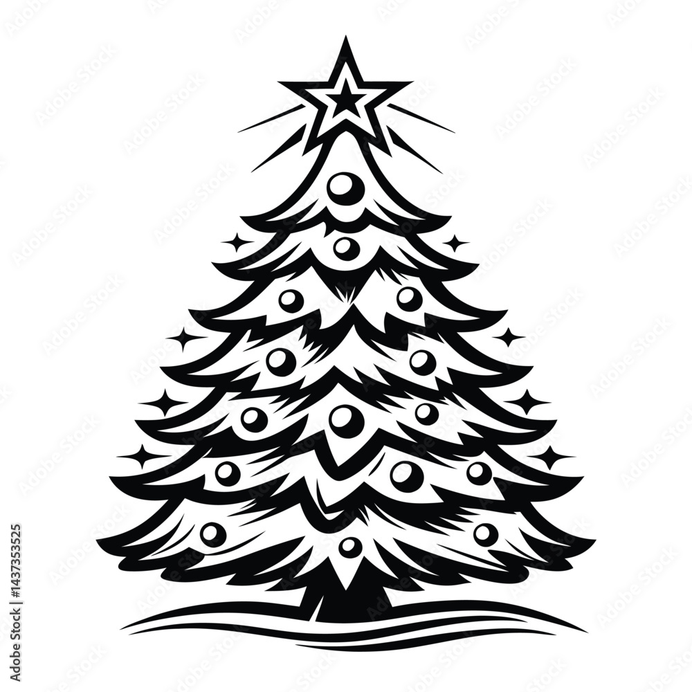 Obraz premium Stylized Christmas Tree Silhouette, Star Topper, Round Ornaments, Festive, Monochrome