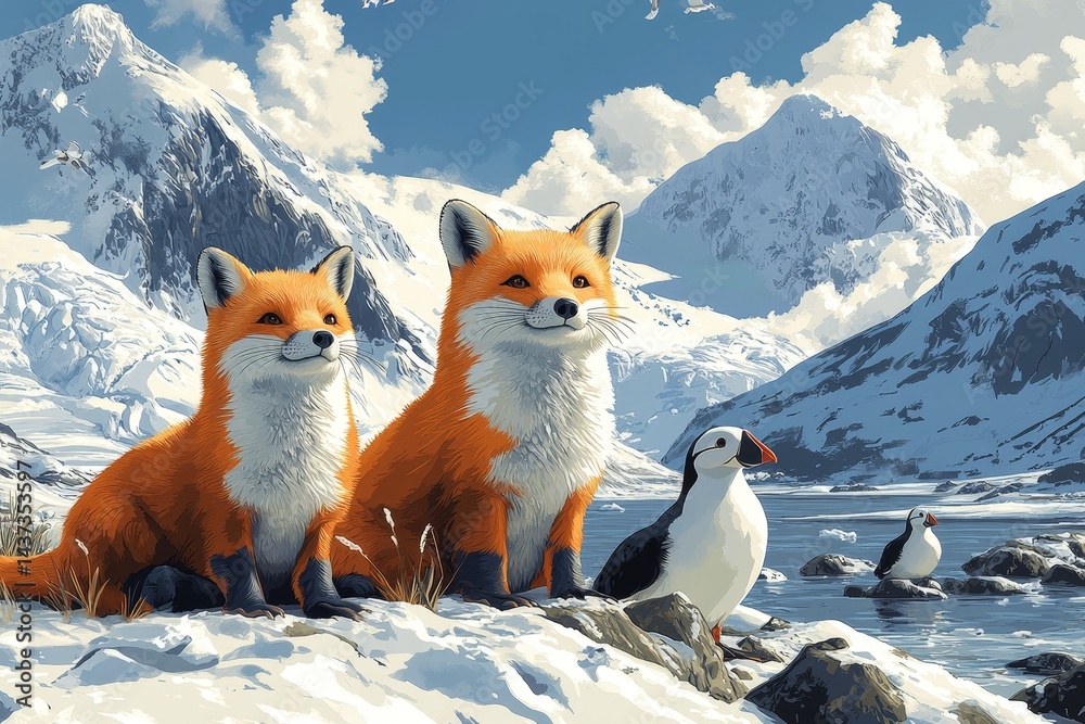 Obraz premium Foxes, puffin, snowy mountains, winter scene, wildlife art