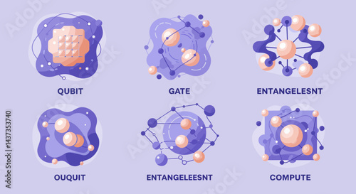 Quantum computing concept illustration with qubits, gates and entanglement for future technology and science advancements