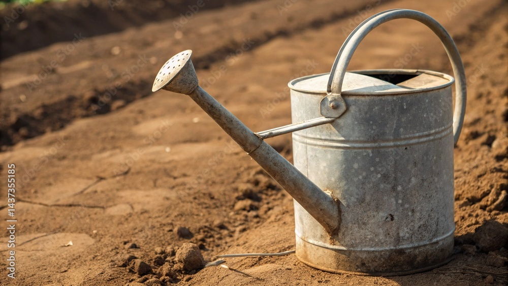 Gardening watering can placed in earthy soil with sprouting grass details Gardening watering can placed in earthy soil with sprouting grass details