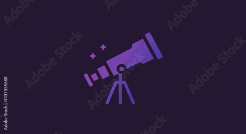 Telescope gazing into the night sky with stars, a symbol of astronomy and exploration, in purple gradient