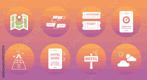 Travel icons on gradient background for app development and tourism related marketing material