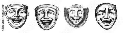 Vintage Laughing Faces Illustrations for Artistic and Creative Use, Logo Design, Hand drawing Engraving, Vector Illustration Isolated Object
