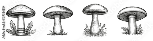 Detailed Illustration of Various Mushroom Species in Black and White, Logo Design, Hand drawing Engraving, Vector Illustration Isolated Object