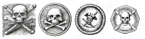 Vintage Pirate Skull and Crossbones Emblems for Nautical Designs, Logo Design, Hand drawing Engraving, Vector Illustration Isolated Object