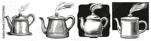 Vintage Teapots Collection with Steam and Elegant Designs, Logo Design, Hand drawing Engraving, Vector Illustration Isolated Object