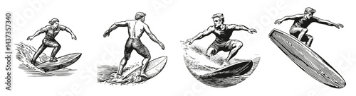Vintage Illustrations of Surfer Riding Waves in Dynamic Poses, Logo Design, Hand drawing Engraving, Vector Illustration Isolated Object
