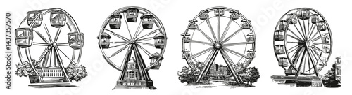 Vintage Ferris Wheel Set Illustrations for Amusement Parks or Fairs, Logo Design, Hand drawing Engraving, Vector Illustration Isolated Object