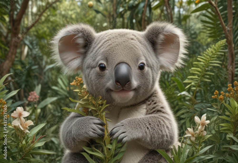 Sweet koala cub surrounded by native Australian flora in a continuous repeating vector design , graphics, cute Sweet koala cub surrounded by native Australian flora in a continuous repeating vector design , graphics, cute