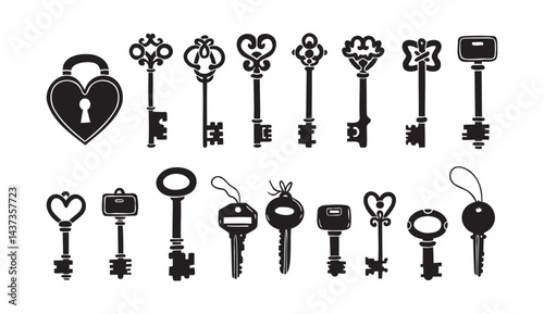 Hand drawn silhouette Keys. Doodle various vintage, modern and cute isolated keys. Different types, sizes.
