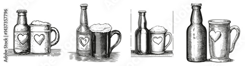 Vintage Beer Bottles and Mugs with Heart Designs in Black and White, Logo Design, Hand drawing Engraving, Vector Illustration Isolated Object