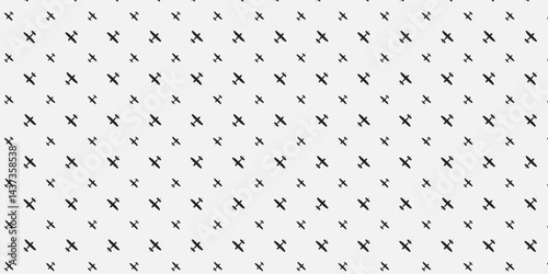 Seamless background pattern of evenly spaced black plane symbols of different sizes and opacity. Vector illustration on yellow background with stars