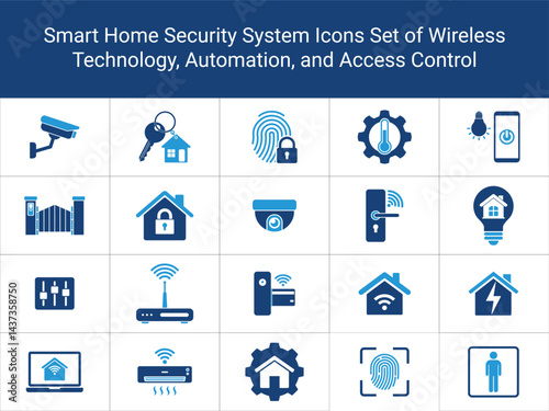 Smart Home Security and Automation Icons Set. A collection of icons representing smart home and automation technology security cameras, door, locks, fingerprint