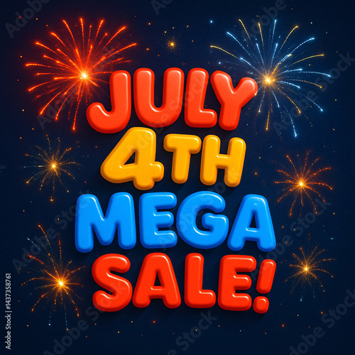 Fourth of July Mega Sale: Capturing the energetic spirit of independence and jubilation. Vivid fireworks dance in the night sky, complementing the bold announcement of the season's biggest deals.