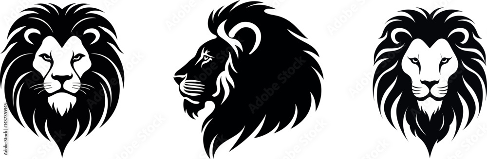 Fototapeta premium Majestic Lion Head Silhouettes. The designs are bold, graphic, and ideal for logos or branding. lion head silhouettes vector illustration