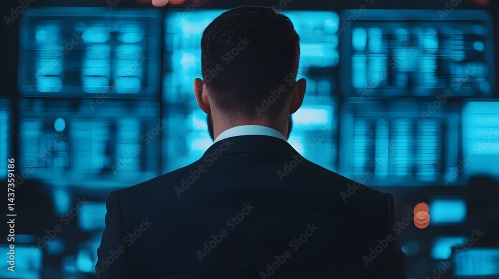 Business Professional in Suit Analyzing Data on Transparent Digital Screen Business Professional in Suit Analyzing Data on Transparent Digital Screen