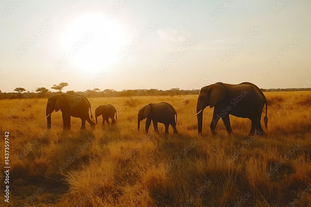 Fototapeta premium Elephant Family Walking Peacefully Through African Savannah