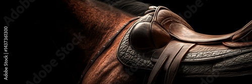 Horse saddle on back of brown horse with dark background for equestrian lifestyle