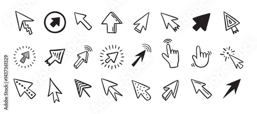 Cursor doodle icon set. Click cursor hand drawn set. Isolated mouse cursor 