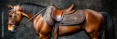 Elegant brown horse in studio with a saddle against textured backdrop for western lifestyle