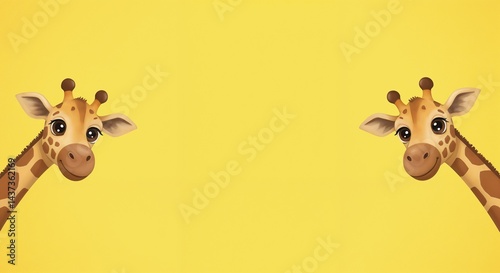 Cartoon giraffes peeking from the sides with a tall and friendly expression on a lemon yellow background