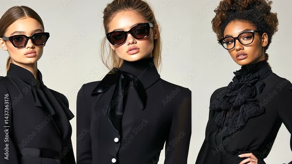 Three models showcasing stylish eyewear in fashion shoot