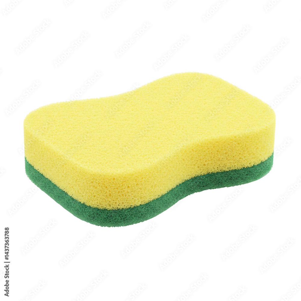 Yellow cleaning sponge with green scrubber, isolated transparency background, household cleaning