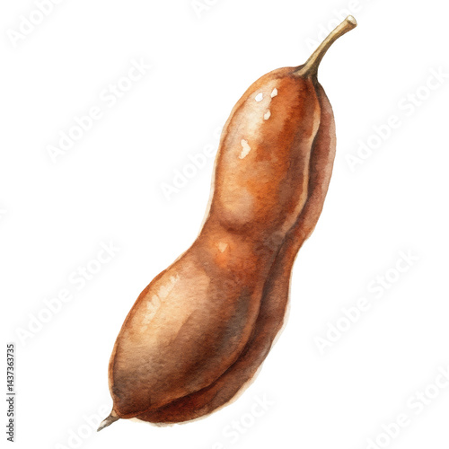 Tamarind, brown, tropical, fruit, watercolor illustration of single tamarind pod with realistic
