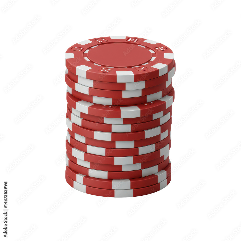 Stack of red poker chip, casino gambling, luck, leisure, and risk concept isolated on white