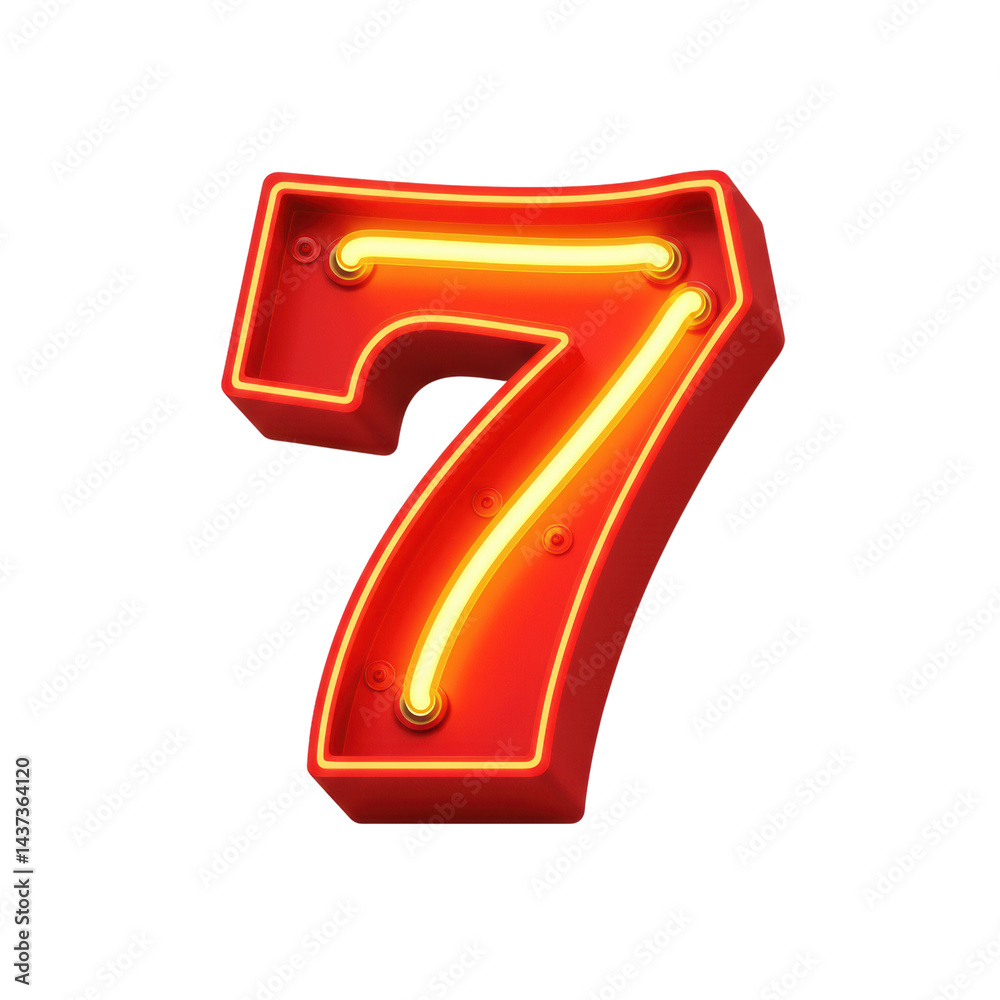 Red neon number seven, glowing yellow light, 3D style, isolated on transparent background