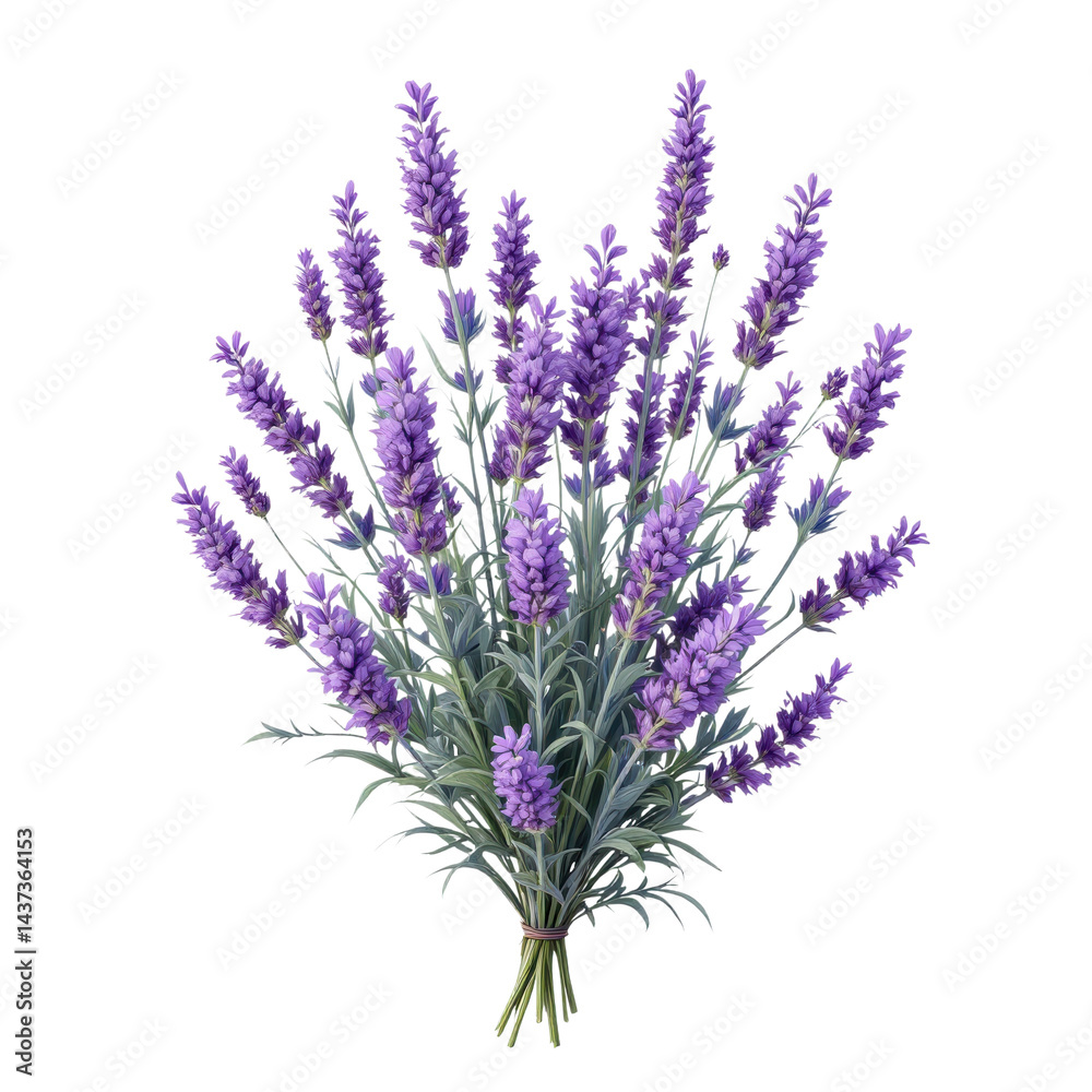 Lavender flower bouquet, purple blossom, green stem, aromatic, fresh, natural, isolated
