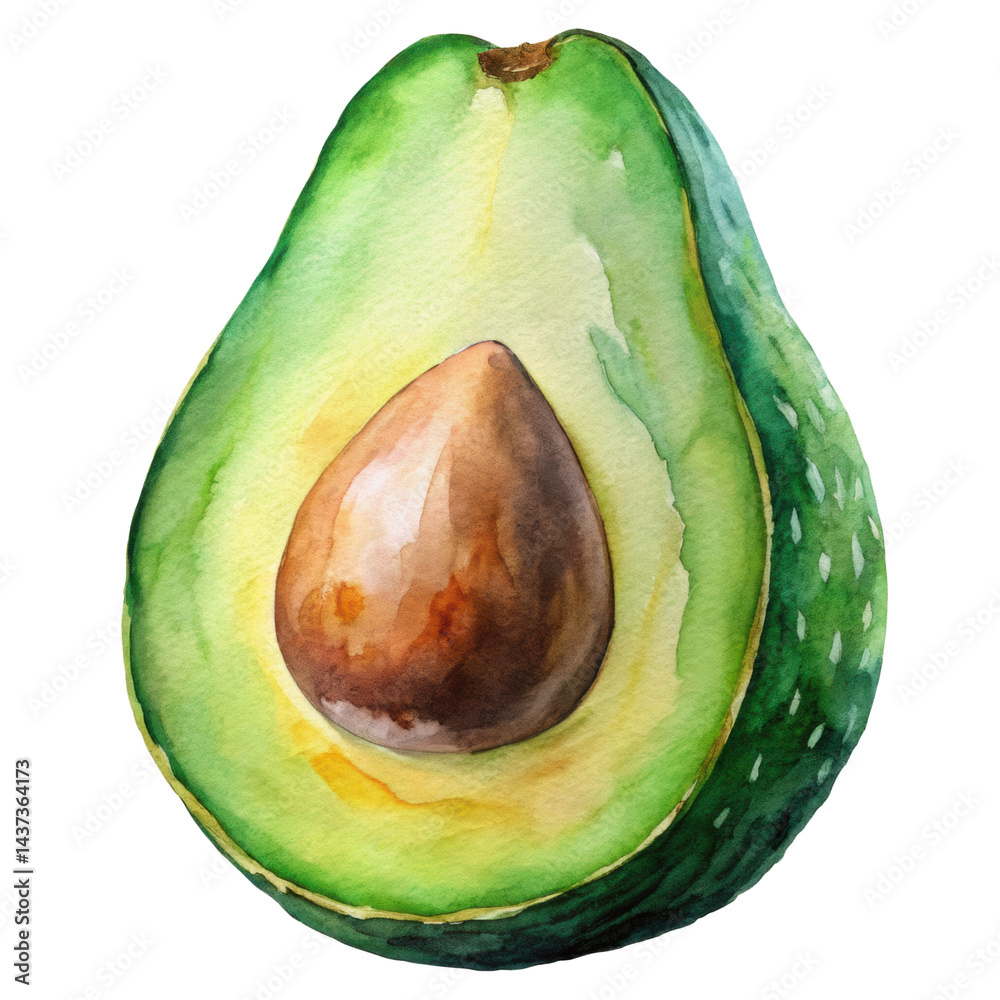 Watercolor avocado, green fruit, seed, healthy, fresh, isolated on transparency background